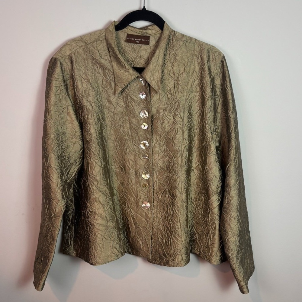ELEVEN STITCH DESIGN Iridescent Green 100% Silk Artsy Blouse XL Lagenlook Boho